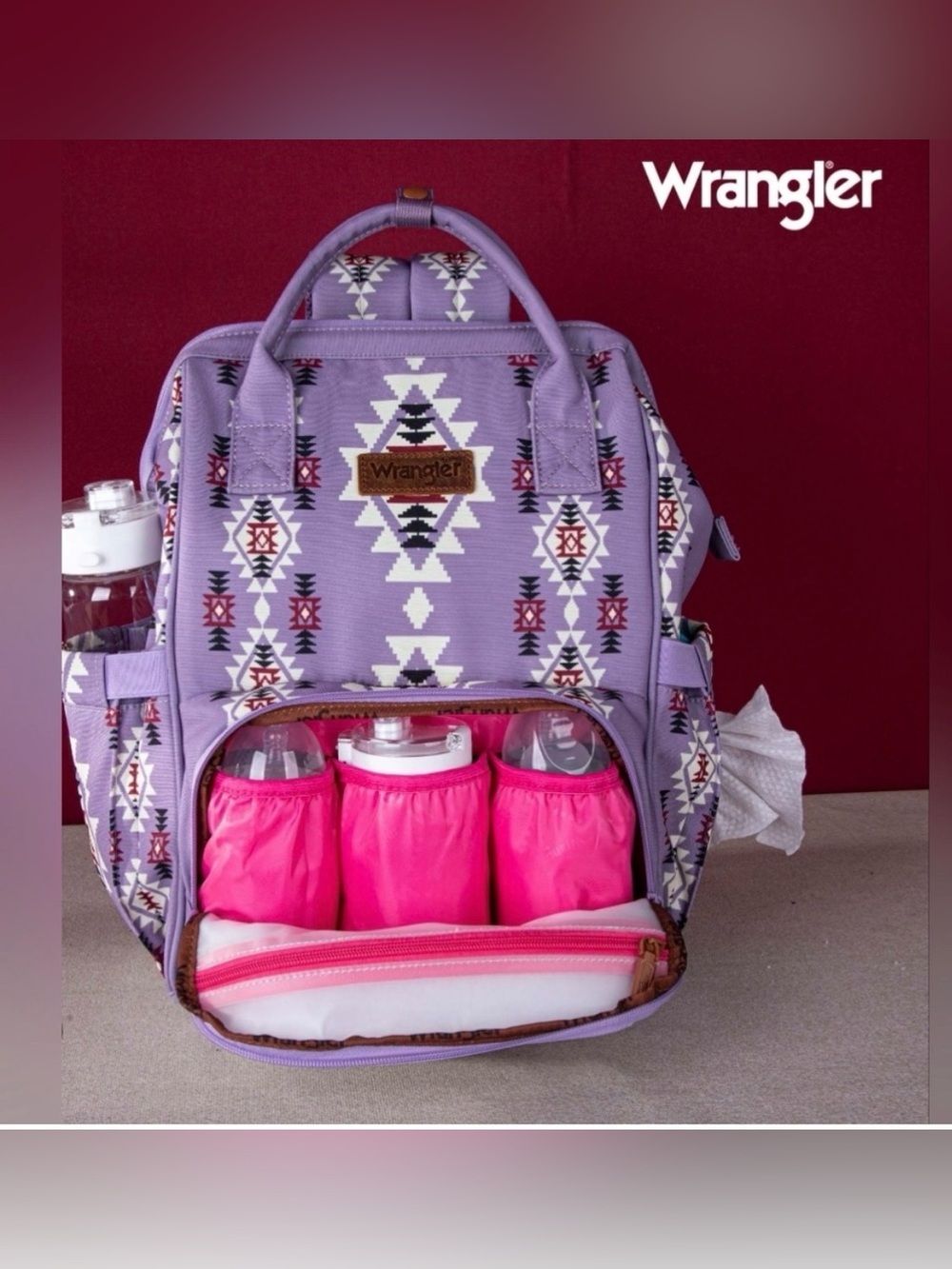 Wrangle Diaper Bag Backpack, Purple Aztec Print, Western, Insulated Pockets - Picture 8 of 9